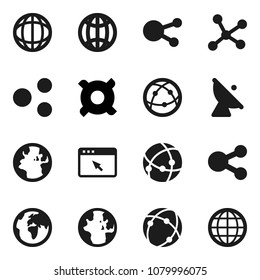 Flat vector icon set - world vector, any currency, earth, satellite antenna, internet, social media, connection, network, browser, share, globe