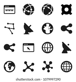 Flat vector icon set - world vector, any currency, earth, satellite antenna, internet, social media, connection, network, browser, share, globe