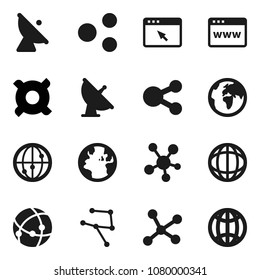 Flat vector icon set - world vector, any currency, earth, satellite antenna, internet, social media, connection, network, browser, share, globe