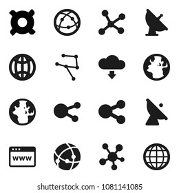 Flat vector icon set - world vector, any currency, earth, satellite antenna, internet, social media, connection, network, browser, share, cloud download, globe