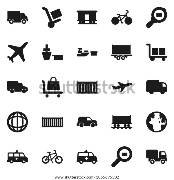 Flat vector icon set - world vector,
bike, Railway carriage, plane, truck trailer, sea container,
delivery, car, port, cargo, search, amkbulance,
trolley