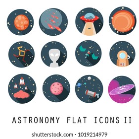 Flat vector icon set-UFO,Venus,Meteor,Sun,Constellation,Alien,Satellite,Astronaut,Spaceship.Colorful planets set. Vector illustration.