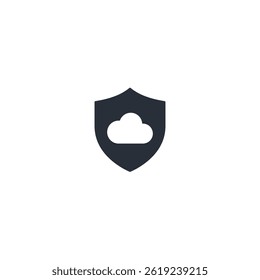 Flat vector icon of shield with cloud, symbol of cloud security, digital protection, safe storage and modern backup services.