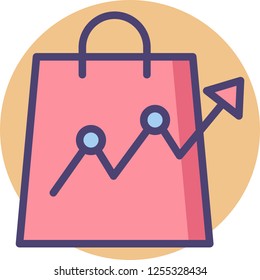 Flat vector icon of shopping bag with growth graph, market forecast concept illustration