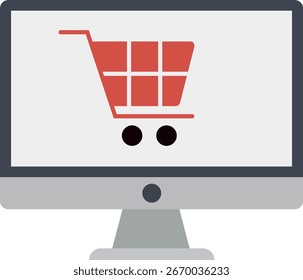 Icono de Vector plano de un Carrito de compras que se muestra en una pantalla de escritorio. Concepto de comercio electrónico, compras en línea y venta minorista digital. Perfecto para Web, negocios y diseños de marketing.