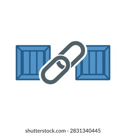 A flat vector icon showing a chain link connecting two blue square crates, symbolizing logistics, supply chain, or shipping connectivity.