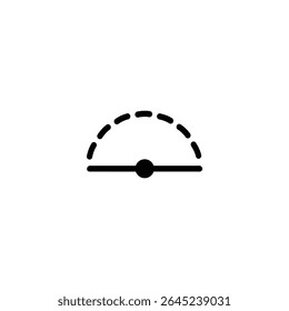 Um ícone de vetor plano que mostra um arco semicircular tracejado acima de uma linha horizontal com um ponto central preenchido, desenhado em um estilo monoline preto. Isolado no branco.