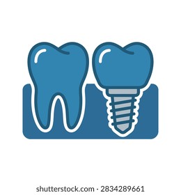 A flat vector icon showing a dental implant and natural tooth