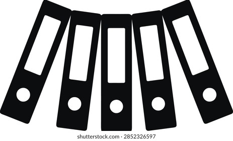 A flat vector icon showing five ring binders arranged in a fan shape, representing office organization, document storage, and administrative work.