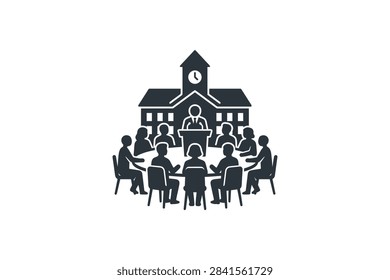 A flat vector icon showing a group of people sitting around a table with a speaker standing at a podium in front of a school building