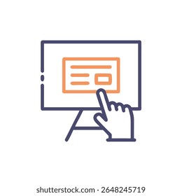 Un ícono de Vector plano que muestra una mano haciendo clic en una interfaz de Web. Diseño sencillo con colores morados y naranjas.