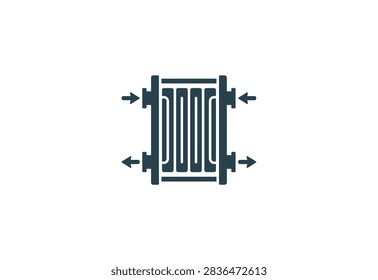 A flat vector icon showing a heat exchanger unit with inlet and outlet flow arrows on a white background