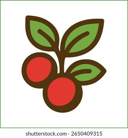 Ícone de vetor plano mostrando um pequeno grupo de bagas vermelhas redondas com folhas verdes, renderizadas em contornos em negrito e preenchimento sólido.

