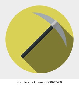 Flat vector icon. Vector sign. Illustration of ice axe. With a tilted shadow.