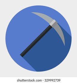 Flat vector icon. Vector sign. Illustration of ice axe. With a tilted shadow.