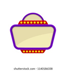 Flat vector icon of signboard with purple frame and red lights. Banner with place for text. Element for mobile app, promo flyer or poster