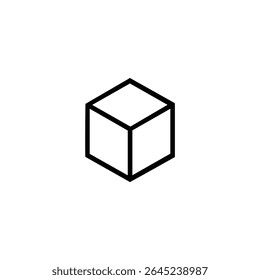 Um ícone vetor plano de um simples e geometricamente perfeito contorno de cubo isométrico, renderizado em um estilo preciso de monolina preta. Isolado no branco.