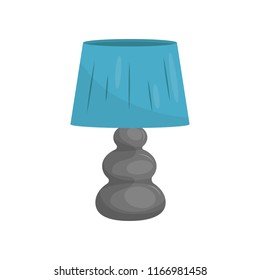 Flat vector icon of small bedside lamp with gray stand and blue lampshade. Modern home decor element