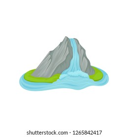 Flat vector icon of small island with waterfall. Water pouring down from high rocky mountain. Natural landscape