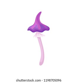 Flat vector icon of small magic mushroom with bright purple cap and pink stalk. Fantasy forest plant