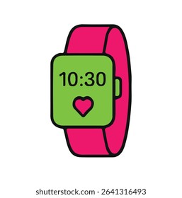Flat vector icon of a smartwatch with time and heart symbol, representing wearable technology, fitness tracking, health monitoring, and smart devices.