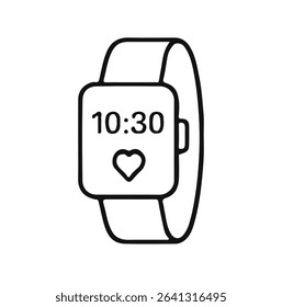 Flat vector icon of a smartwatch with time and heart symbol, representing wearable technology, fitness tracking, health monitoring, and smart devices.