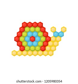 Flat vector icon of snail made of multicolored children s mosaic. Developing game for kids