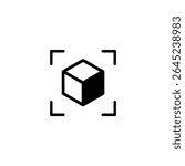 A flat vector icon of a solid black isometric cube centered within focus brackets, for scanning or selection. Monoline style brackets. Isolated on white.