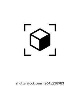 A flat vector icon of a solid black isometric cube centered within focus brackets, for scanning or selection. Monoline style brackets. Isolated on white.