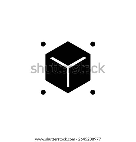 A flat vector icon of a solid black isometric cube with four external dots suggesting a bounding box. Monoline style details for dots. Isolated on white.