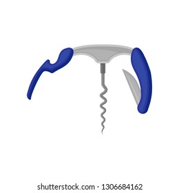 Flat vector icon of steel folding bottle opener with knife. Corkscrew with spiral metal rod. Tool for opening bottles