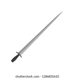 Flat vector icon of steel pointed sword. Medieval knight weapon with sharp blade and black grip