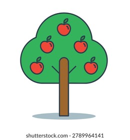 A flat vector icon of a stylized green apple tree featuring five bright red apples on a simple brown trunk isolated on a white background