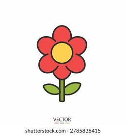 A flat vector icon of a stylized red flower with five petals a yellow center and two green leaves on a stem isolated on white
