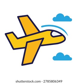A flat vector icon of a stylized yellow airplane soaring through the air accompanied by simple blue clouds in a minimalist graphic design style