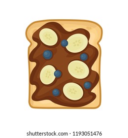 Flat vector icon of sweet sandwich with chocolate butter, slices of banana and blueberries. Tasty snack for breakfast or lunch