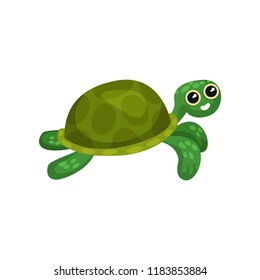 Flat vector icon of swimming green turtle. Sea animal with shell. Adorable marine reptile. Underwater life theme