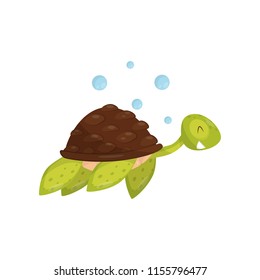Flat vector icon of swimming turtle. Marine animal. Green tortoise with happy muzzle. Element for children book or sticker