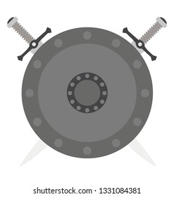 Flat vector icon of sword with shield.