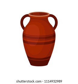 Flat vector icon of tall ceramic jug for wine. Old brown vase with two handles and decorated with stripes. Large clay pitcher