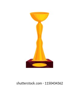 Flat vector icon of tall golden cup on brown stand. Winner s gold trophy. Reward for victory