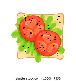 Flat vector icon of tasty sandwich with tomato slices and green lettuce leaves. Fresh toasted bread. Delicious and healthy eating