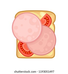 Flat vector icon of tasty sandwich. Bread with slices of sausage and fresh tomatoes. Food for breakfast or lunch