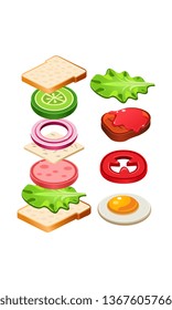 Flat vector icon of tasty sandwich with flying ingredients. Appetizing food for lunch. Delicious snack. Culinary theme