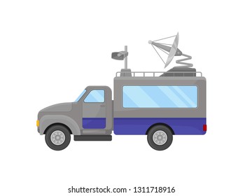 Flat vector icon of television broadcasting truck, side view. Car with satellite antenna on roof. Media vehicle