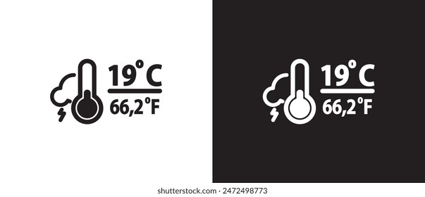 Flat vector icon of temperature during rain and lightning, storm, Thermometer vector icon with Celsius and Fahrenheit measurements. Temperature and air temperature icon during rainy and lightning weat