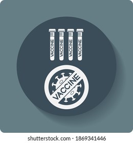 Flat vector icon of  test tubes  with coronavirus vaccine, and covid 19 bacteries.  Cure search, vaccine development. Covid19 disease vaccination concept. Color pictogram with shadow. Vector icon.