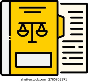 Flat vector icon of a thick yellow folder catalog binder showing a legal scale icon on the cover sheet, symbolizing a public record archive.