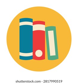 Flat vector icon of three colorful school books standing against a circular background