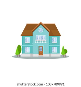 Flat vector icon of three-storey house with big windows, wooden door and roof. Exterior of residential cottage. Modern architecture